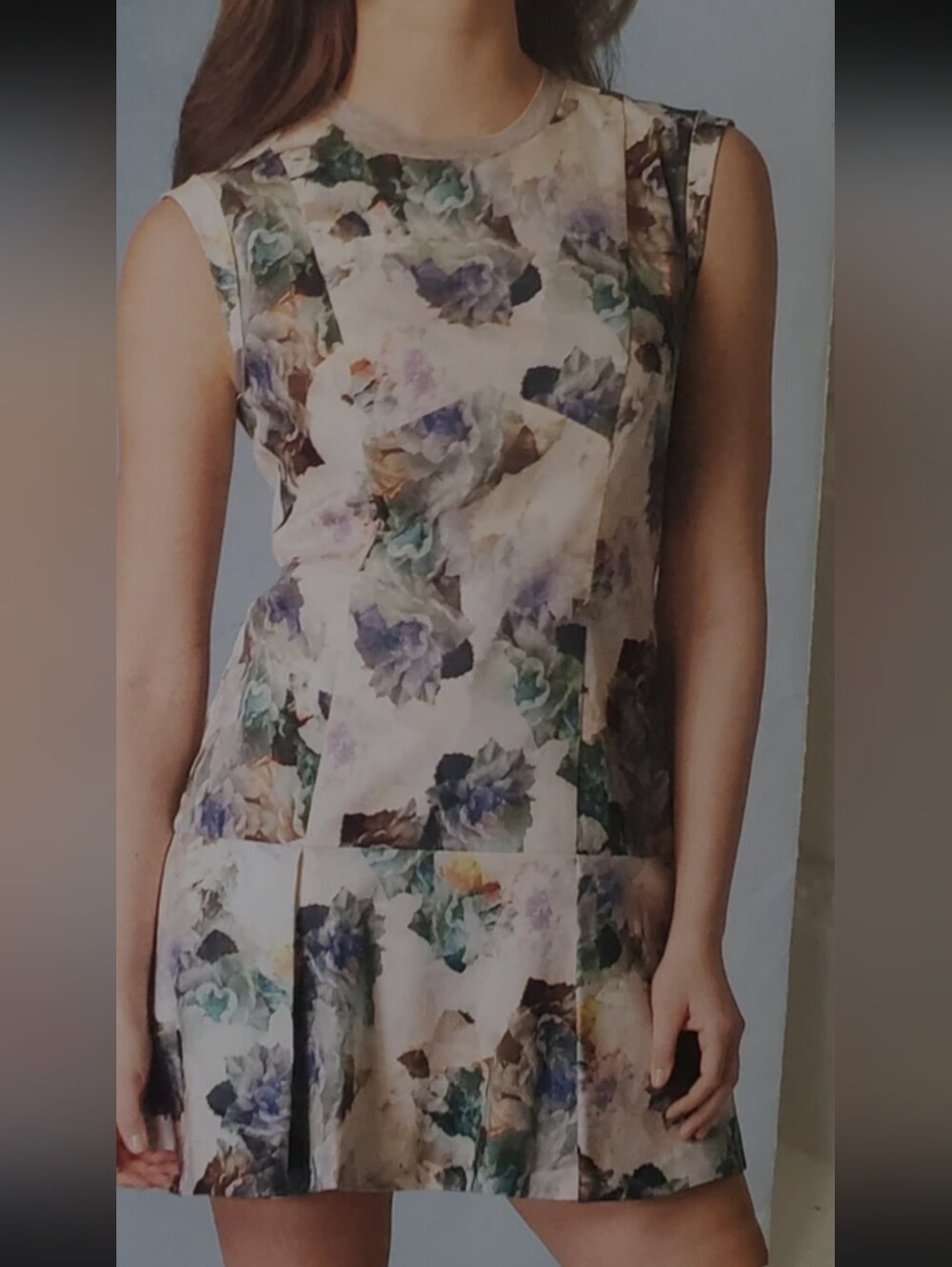 Rebecca Taylor Floral Sleeveless Pleated Shift Dress in Cream and Lavender